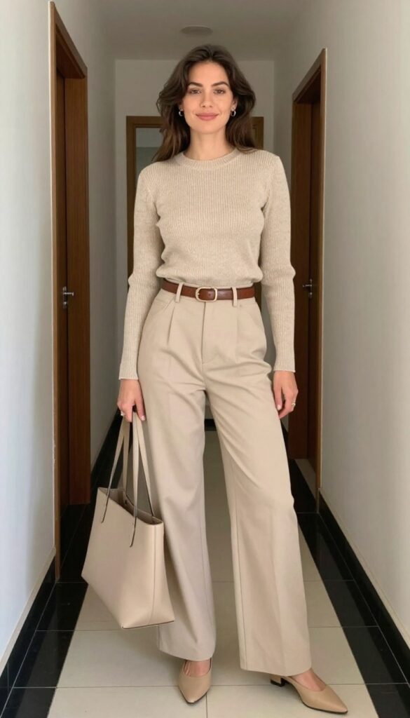 13. Monochrome Look with a Sweater and Wide-Leg Pants