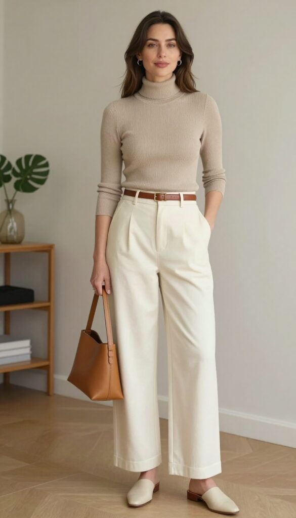 4. Wide-Leg Trousers with a Fitted Turtleneck