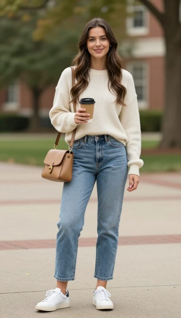1. Cream Knit Sweater with Light Wash Jeans