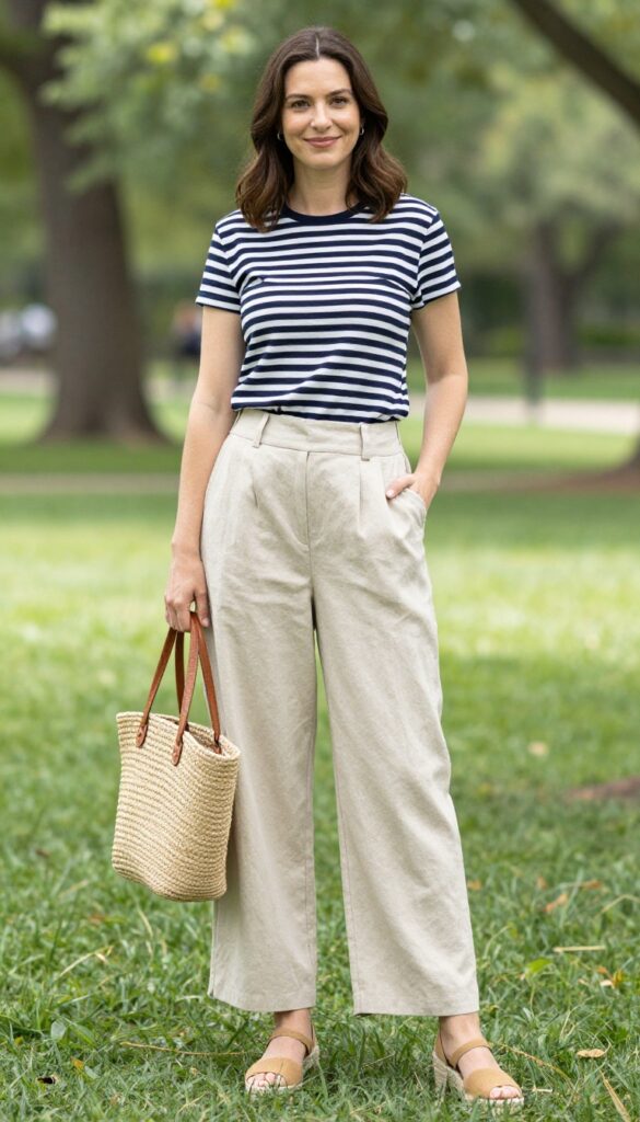 3. Striped Breton Top + Wide-Leg Linen Pants + Espadrilles