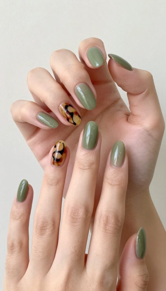Olive green nails with tortoiseshell accent nail design