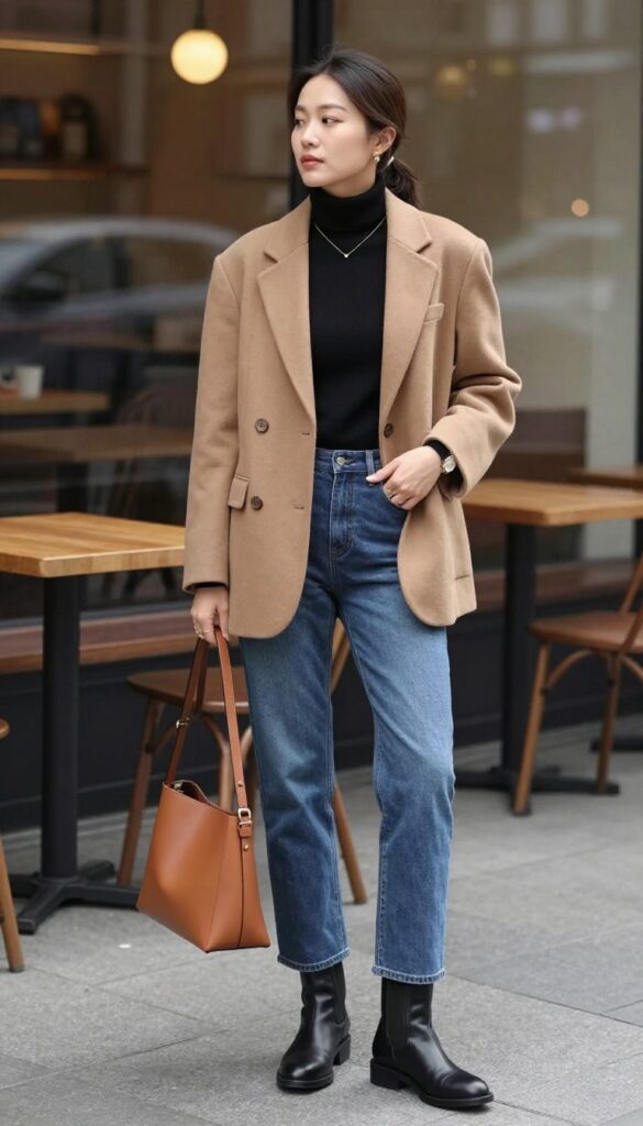 4. Black Turtleneck + Camel Blazer + Straight-Leg Jeans