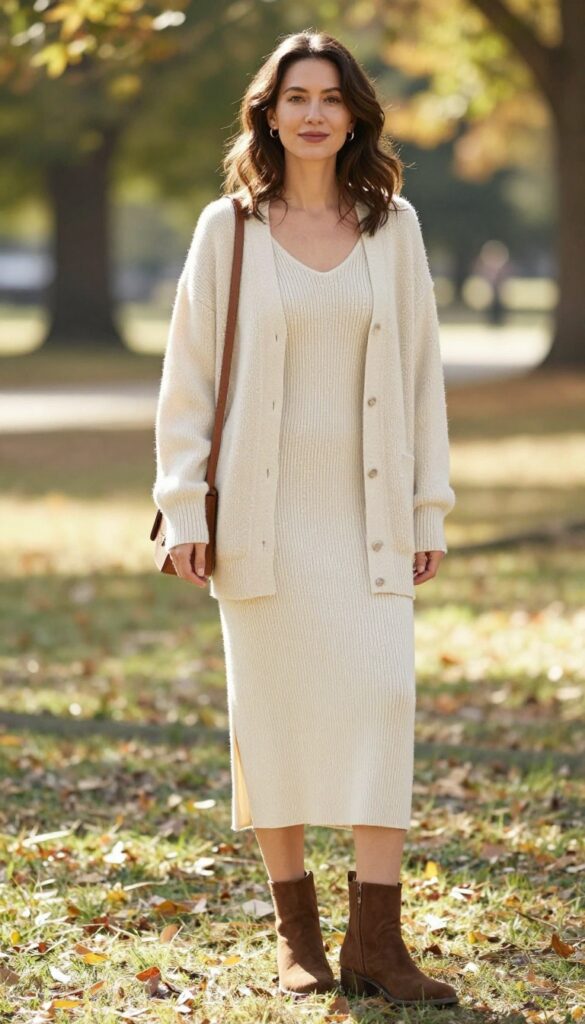 12. Cardigan Coat + Simple Dress + Ankle Boots