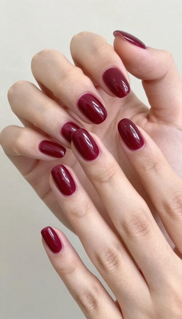 Frosted cranberry gloss nail color with high-shine finish