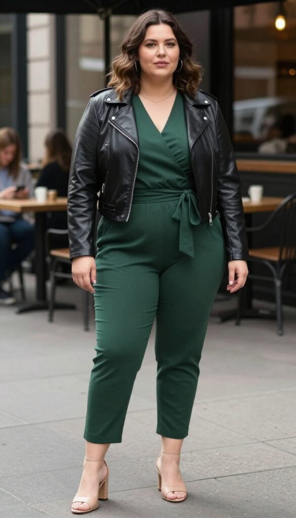 7. Jumpsuit + a Leather Jacket + Heeled Mules