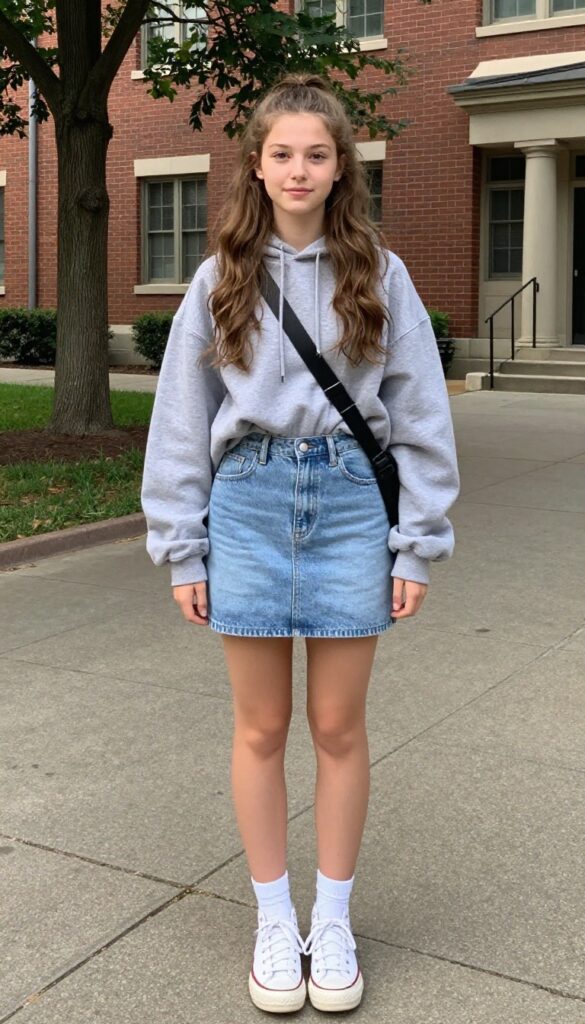 5. Hoodie + Denim Skirt + High-Top Sneakers