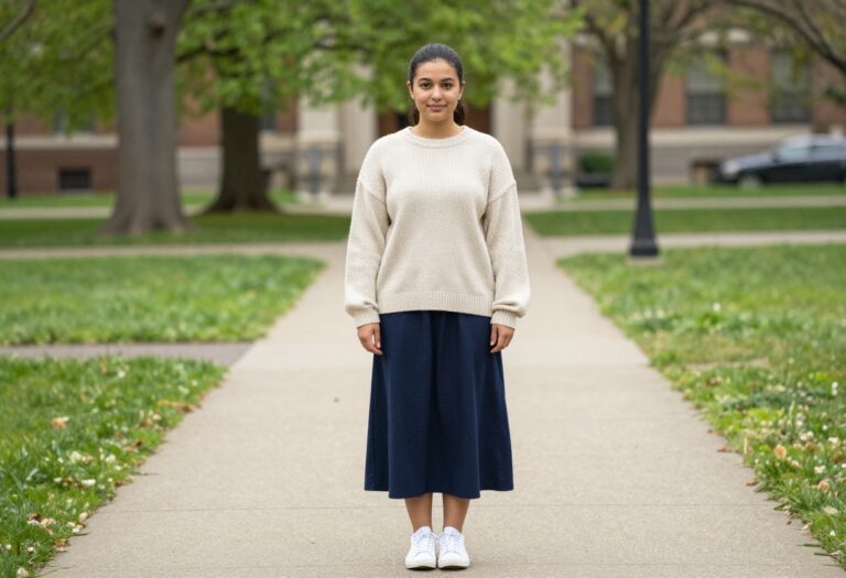 Young woman in oversized sweater and midi skirt on campus
