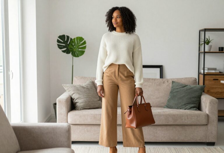 Black mom wearing cream sweater and tan trousers with ankle boots, elegant casual outfit