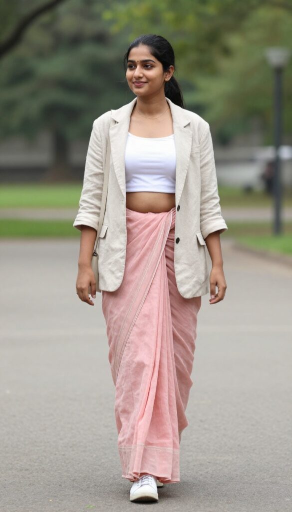 7. Saree with a Crop Top and Blazer