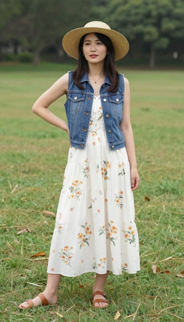 7. Denim Vest over a Maxi Dress