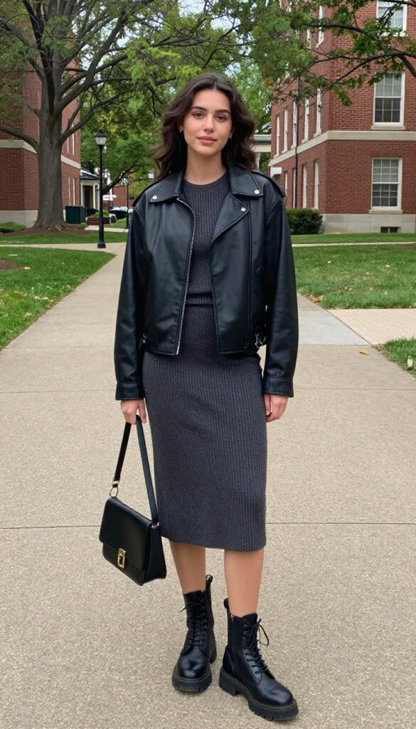 14. Leather Jacket + Ribbed Knit Midi Skirt + Combat Boots