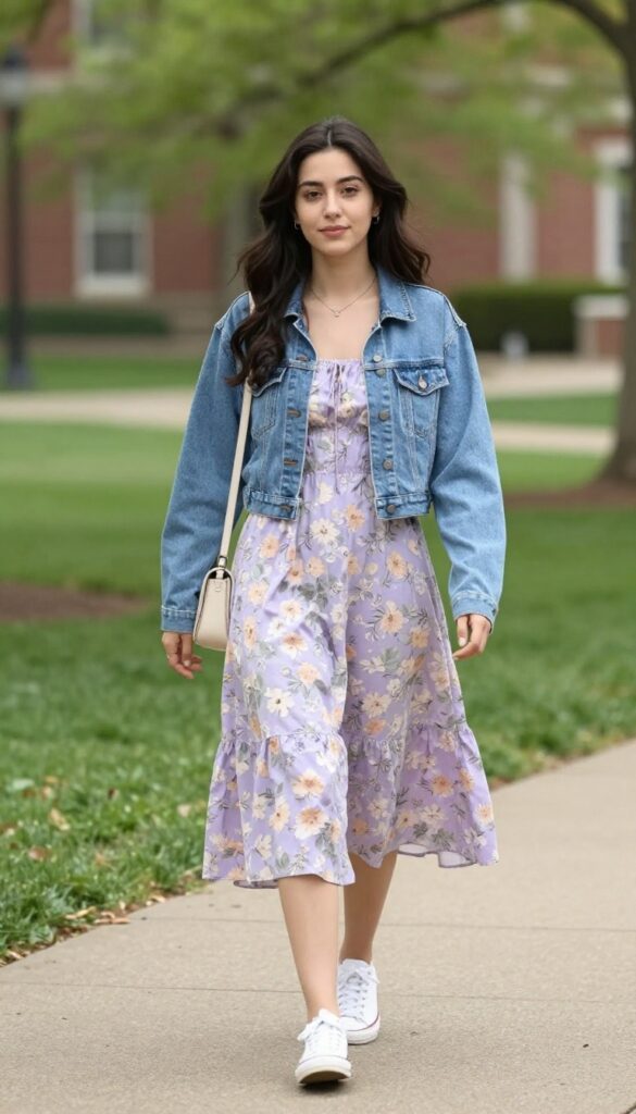 5. Floral Midi Dress with a Denim Jacket