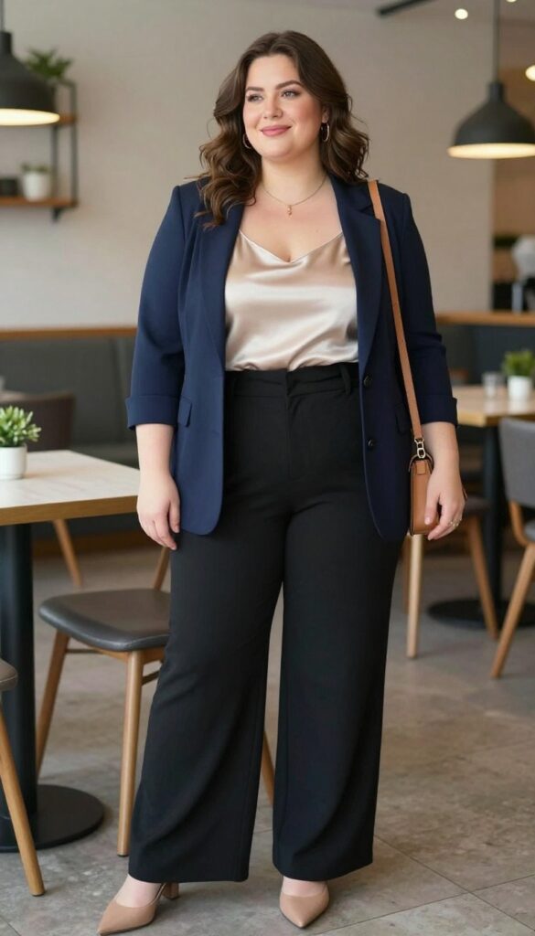 3. Wide-Leg Trousers + a Silk Camisole + a Blazer
