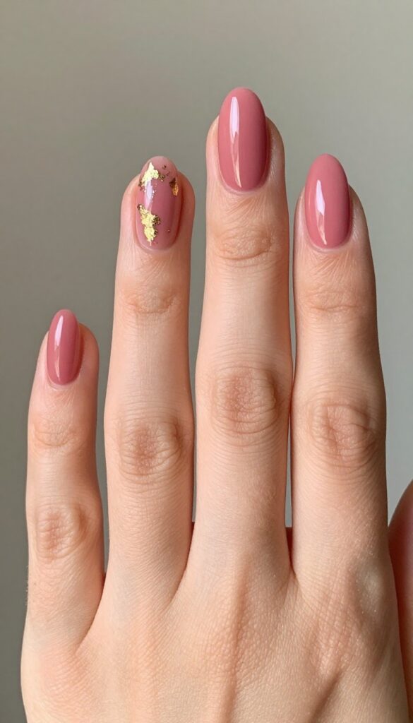 Short dusty rose nails with gold foil accents on a woman's hand