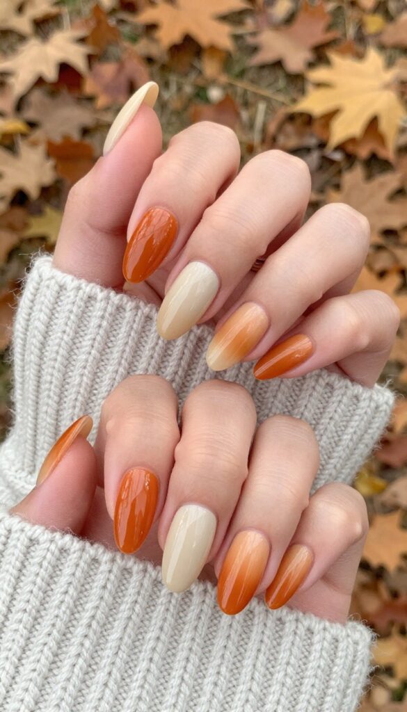 Pumpkin spice ombré nails with creamy beige to burnt orange gradient on almond-shaped nails