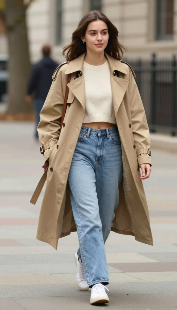 13. Trench Coat with Cropped Sweater and Wide-Leg Jeans