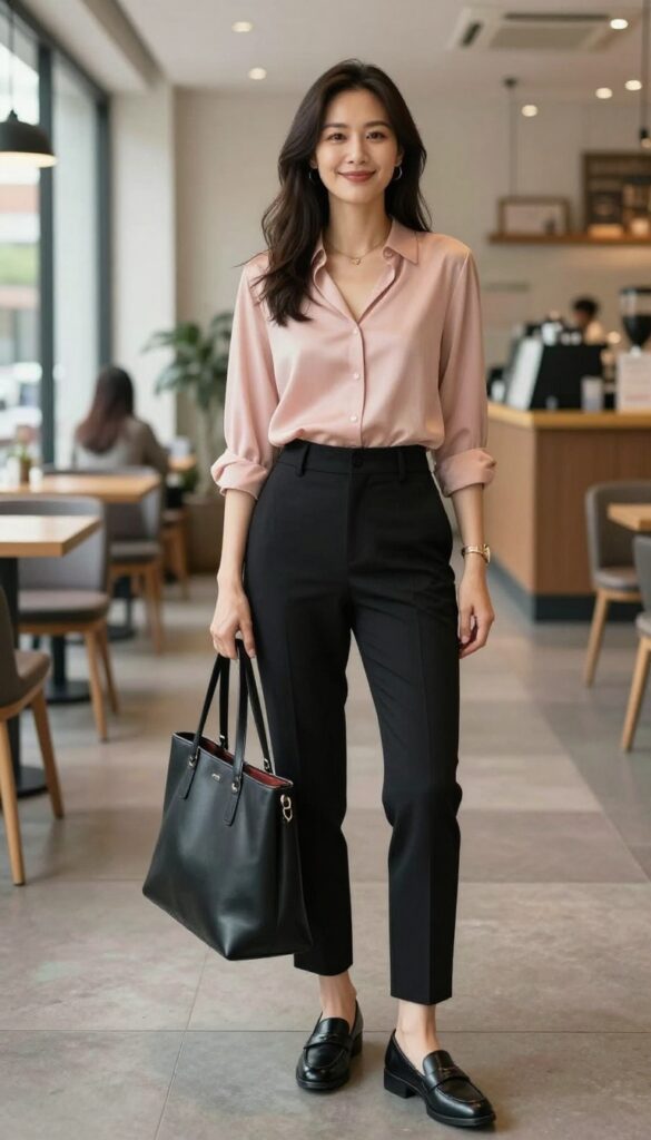 11. Silk Blouse + Tailored Trousers + Loafers