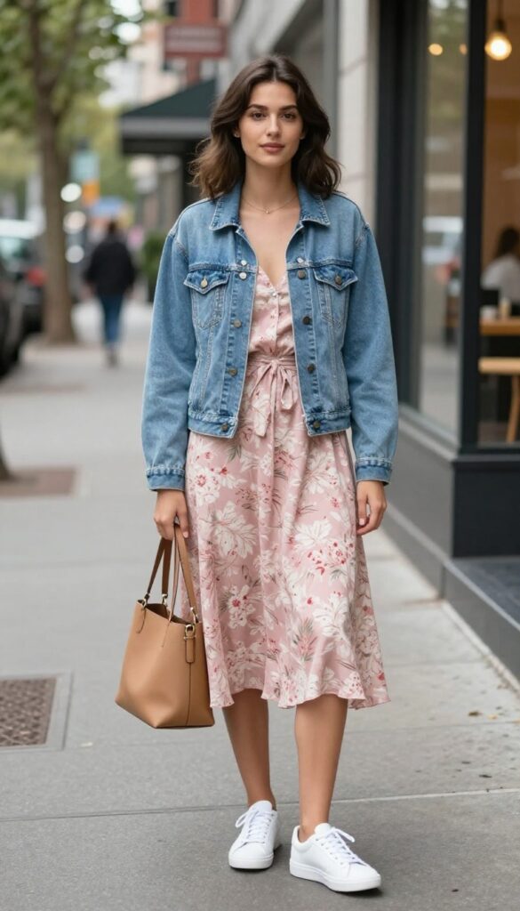 6. Denim Jacket Over a Midi Dress
