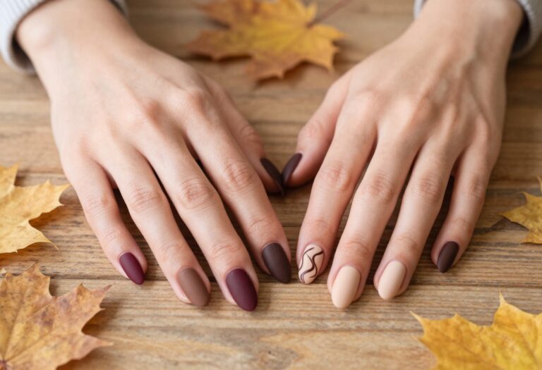 Fall dip powder nail ideas with chocolate cherry ombre and chocolate swirl accent nails in matte finish