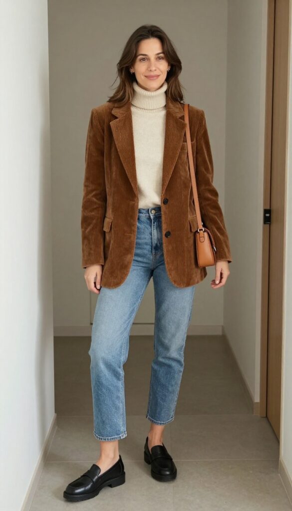 8. Corduroy Blazer + Turtleneck + Cropped Jeans