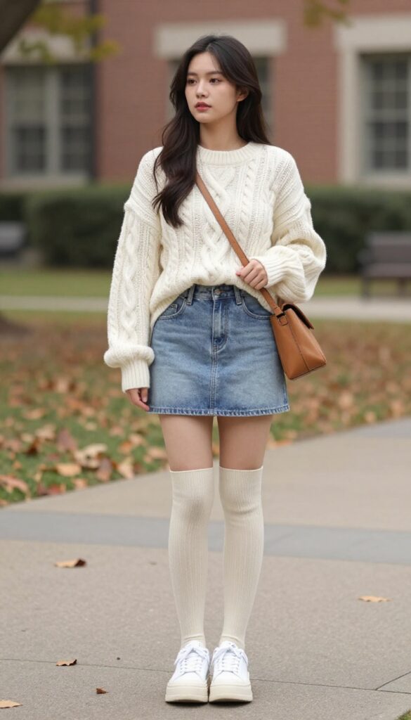 9. Cable-Knit Sweater with Mini Denim Skirt