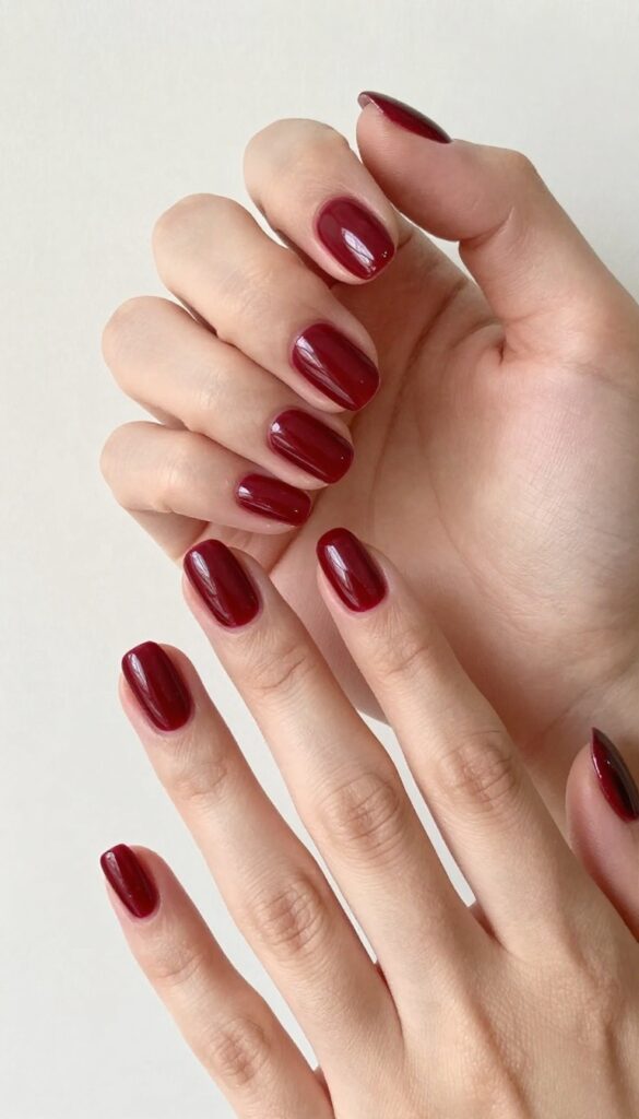 Short nails with oxblood red glossy polish on elegant hands