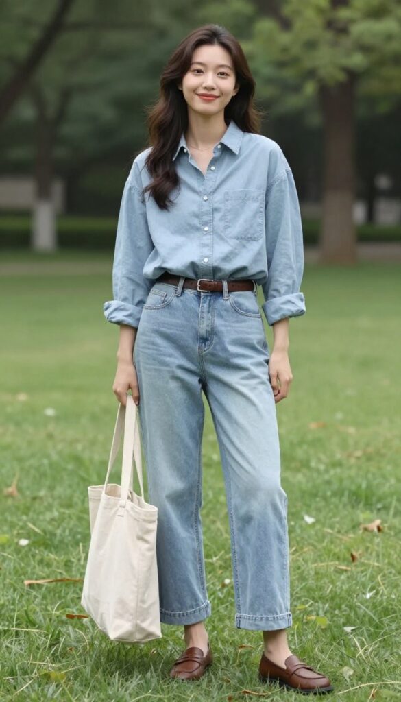 6. Button-Down Shirt and Wide-Leg Jeans
