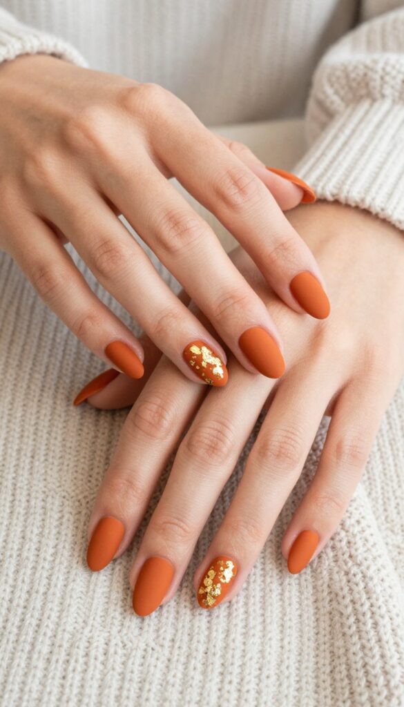 Matte burnt orange nails with gold foil accents on ring finger, cozy autumn manicure