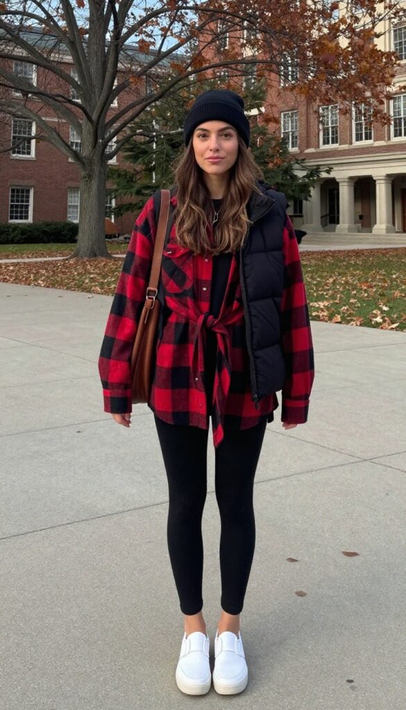 5. Fleece-Lined Leggings with an Oversized Flannel
