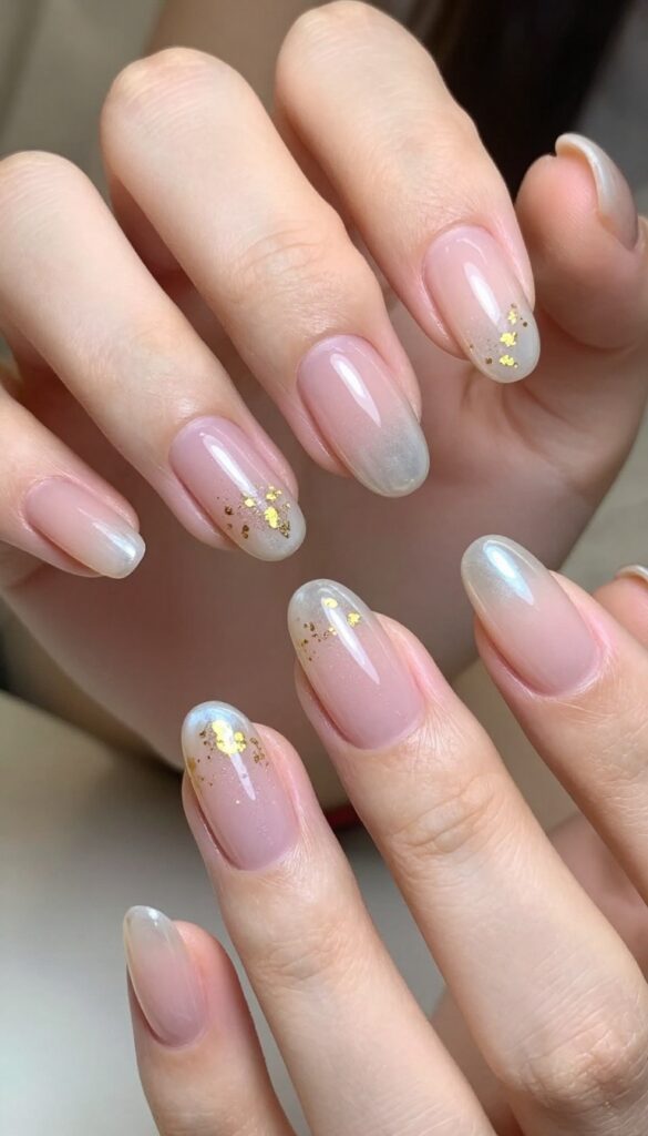 Pearlescent almond nails with gold flakes for fall wedding