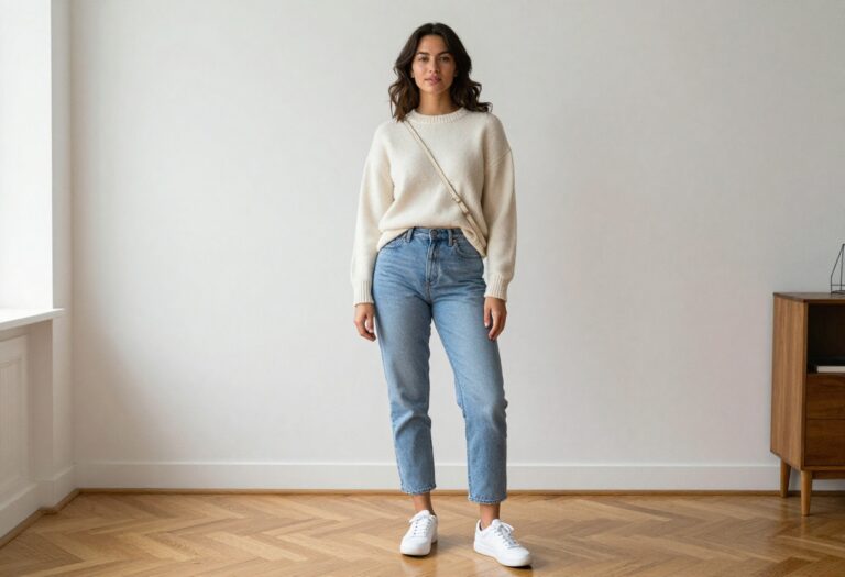 Woman in cream sweater and straight-leg jeans standing in a bright living room