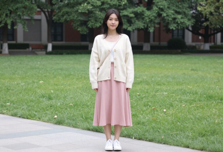 Young woman in soft aesthetic college outfit with cream cardigan and pink midi skirt on campus