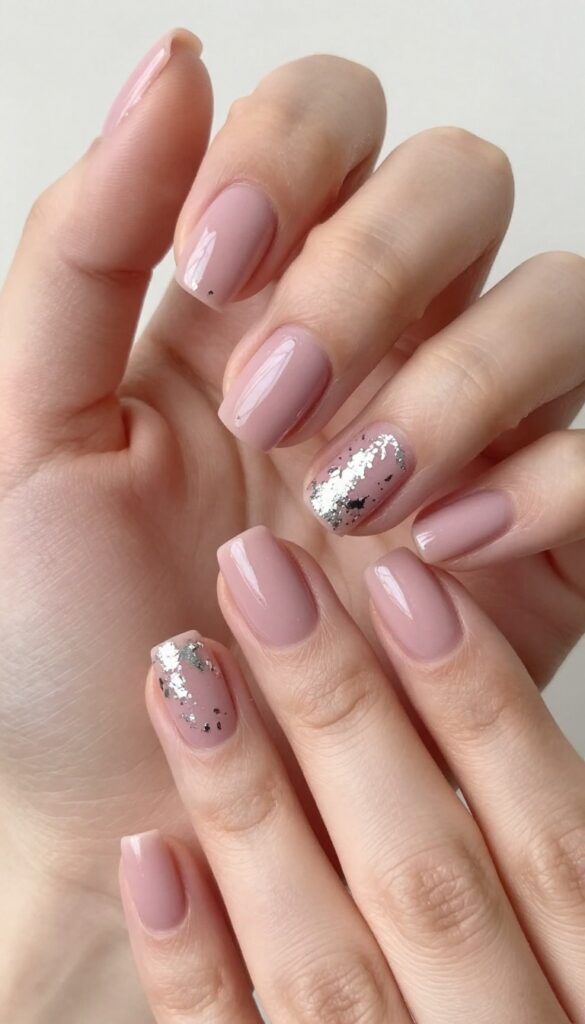 Short square nails in dusty rose with silver foil accents