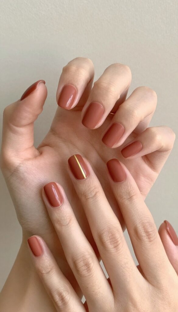Matte terracotta short nails with gold accent stripe