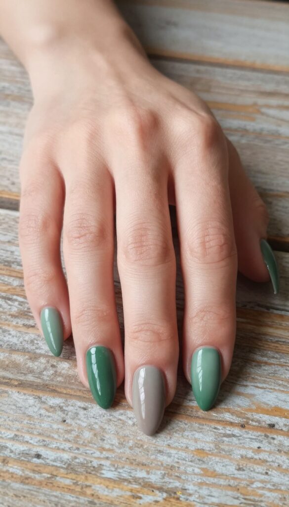 Mossy ombré stiletto nails with green to taupe gradient and glossy finish