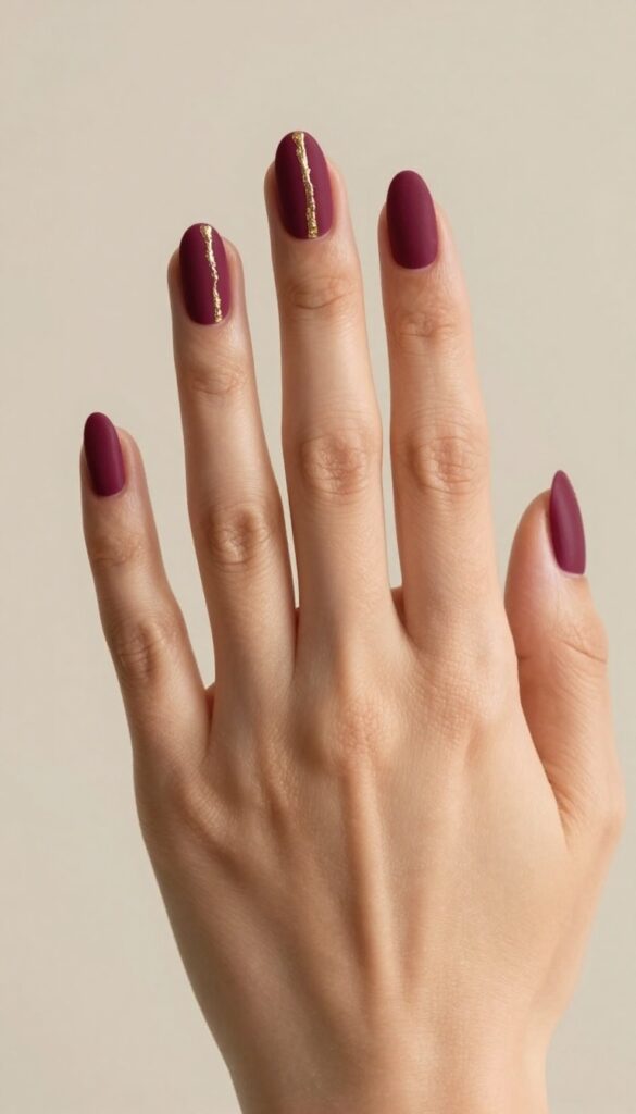 Velvet plum nails with gold foil accent on ring finger