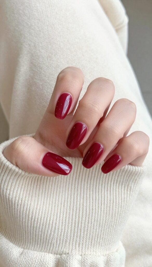 Glossy cranberry almond nails on a hand resting on a cream sweater