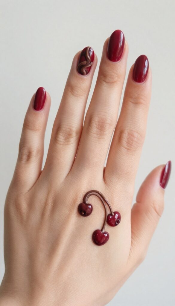 Chocolate cherry swirl almond nails with glossy finish