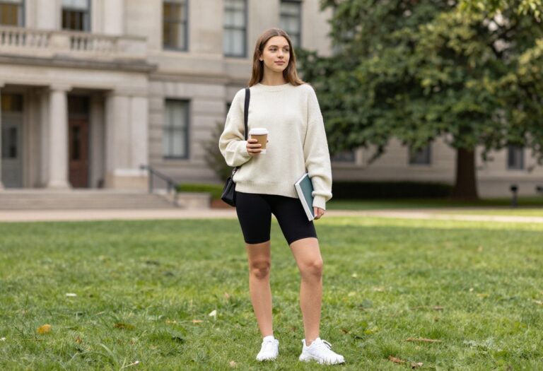 Young woman in oversized sweater and biker shorts on campus