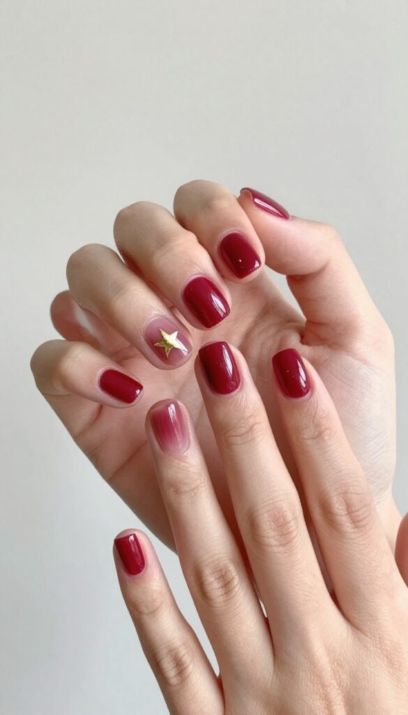 Cranberry glass nails on short square nails with glossy jelly finish and gold accent
