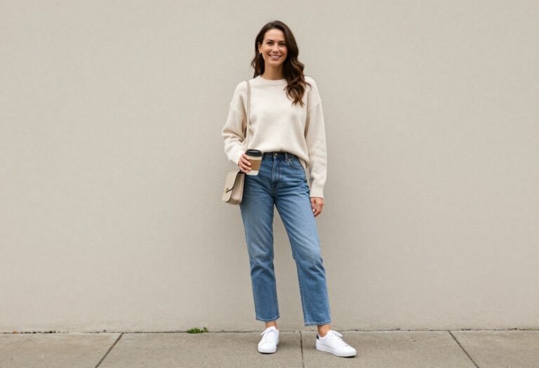 Mom wearing jeans, sweater, and sneakers holding coffee
