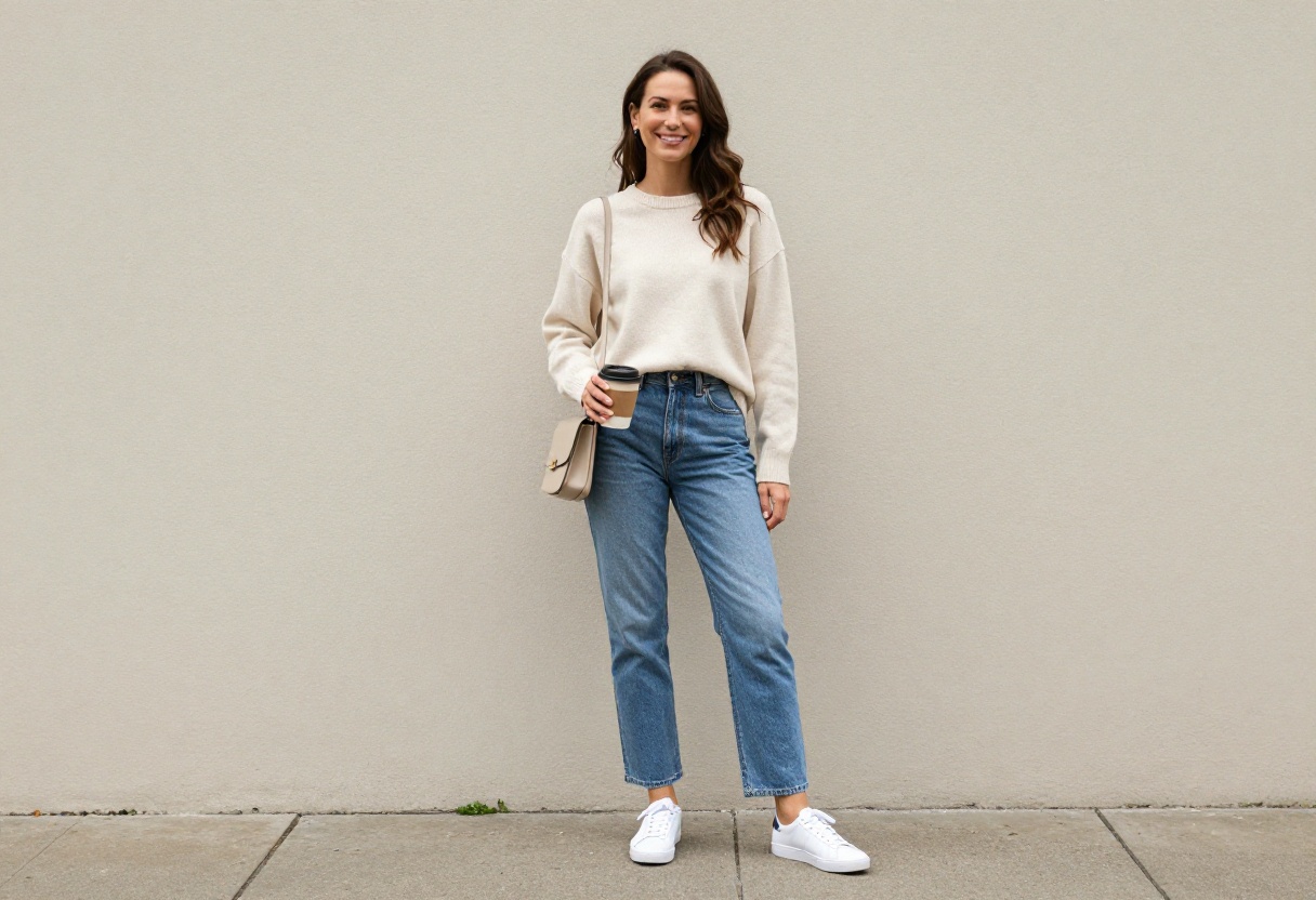 Mom wearing jeans, sweater, and sneakers holding coffee