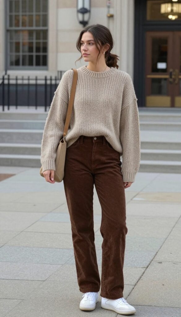 1. Chunky Knit Sweater with Corduroy Pants