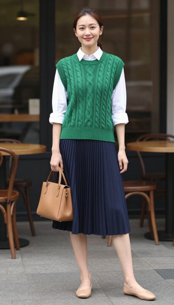 4. Sweater Vest over a Button-Down with Pleated Skirt