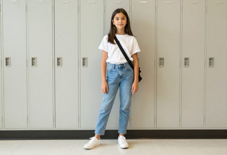 Tween girl in casual middle school outfit with jeans and graphic tee