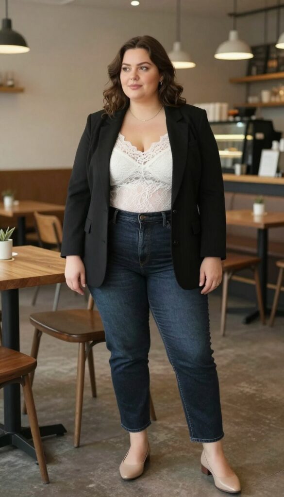 13. Blazer + Lace Camisole + Dark Wash Skinny Jeans + Pointed Flats