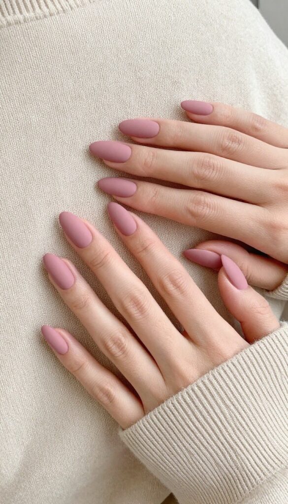 Dusty rose matte almond nails on a woman's hand