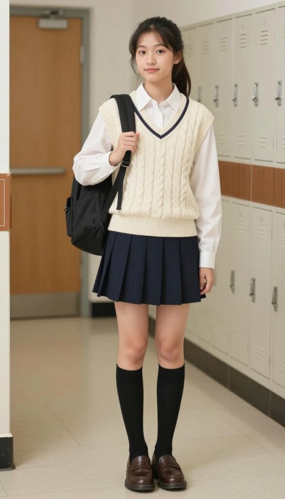 11. Sweater Vest + Pleated Skirt + Knee-High Socks