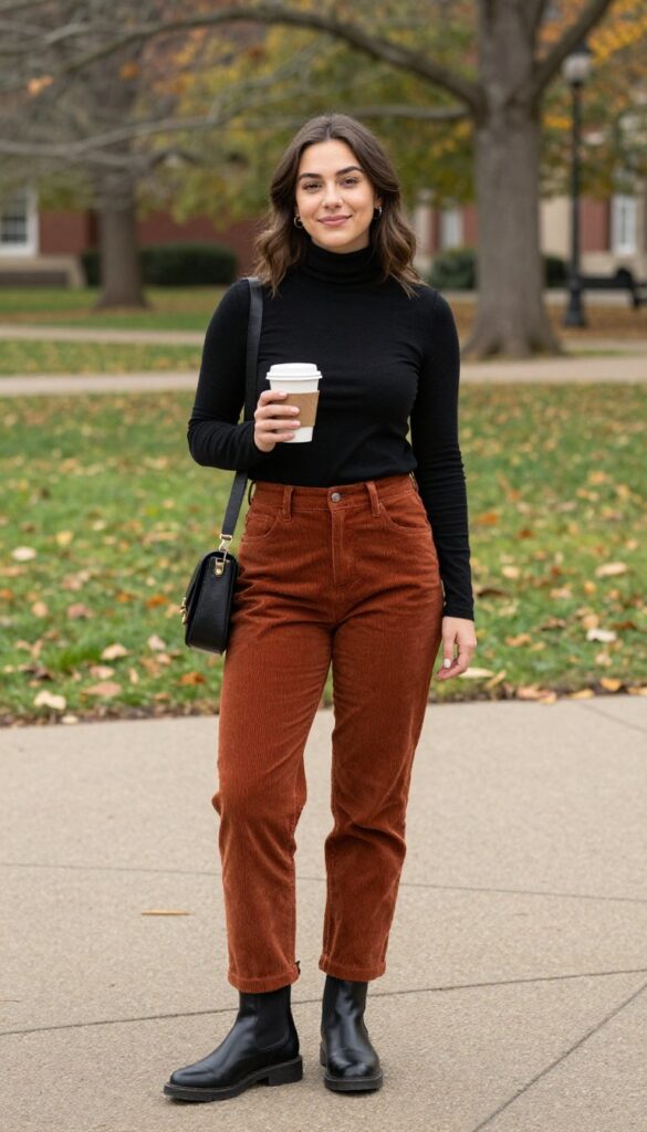 7. Corduroy Pants + Turtleneck + Chelsea Boots