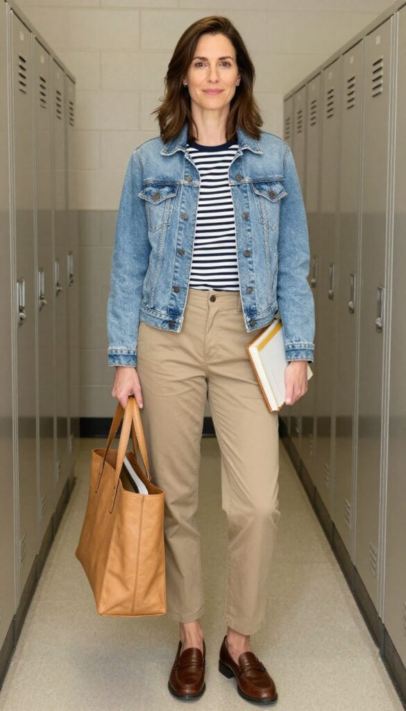 6. Denim Jacket + Breton Top + Khaki Chinos